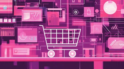 Digital shopping cart interface with pink and purple theme