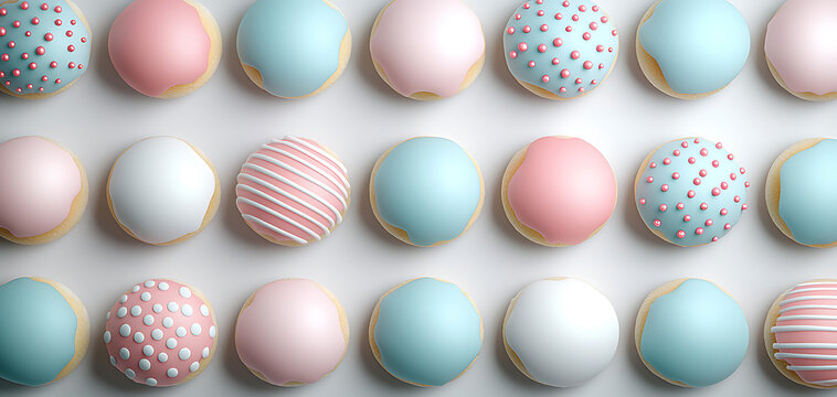 Orderly rows of miniature donuts in pastel shades a sweet visual delight for dessert lovers and event planners