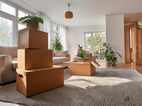 Cajas de mudanza apiladas en el interior de una casa, listas para el traslado