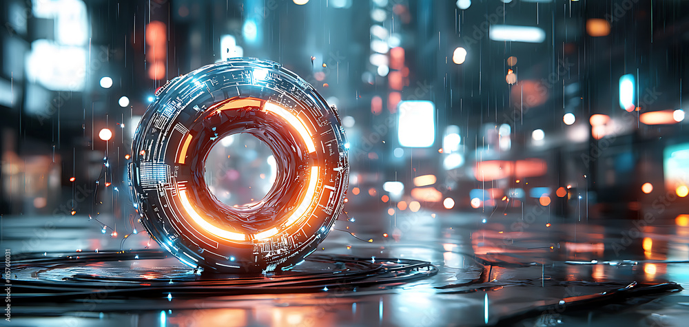Poster a futuristic glowing orb in a neon cityscape exploring the intersection of technology and art in an 