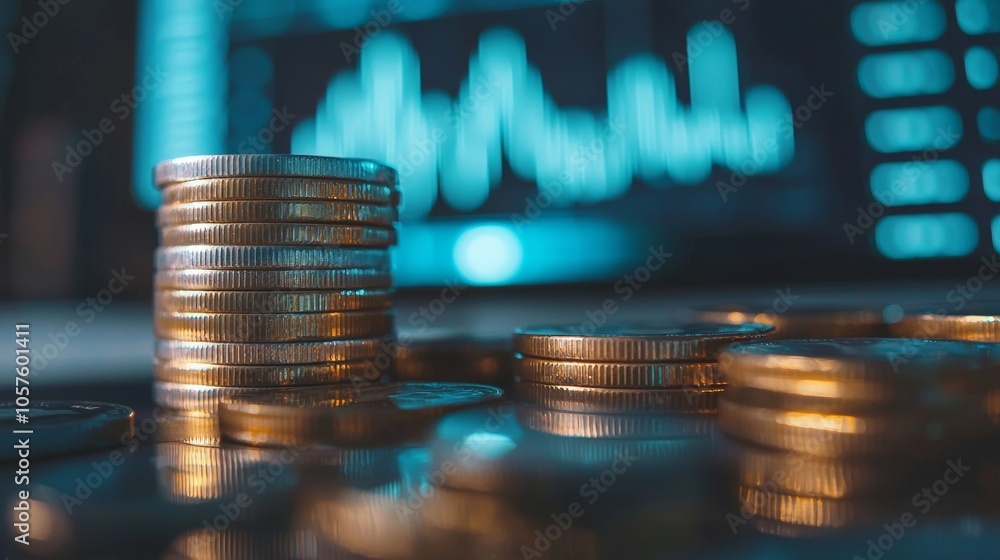 Poster stack of coins with financial graphs in background
