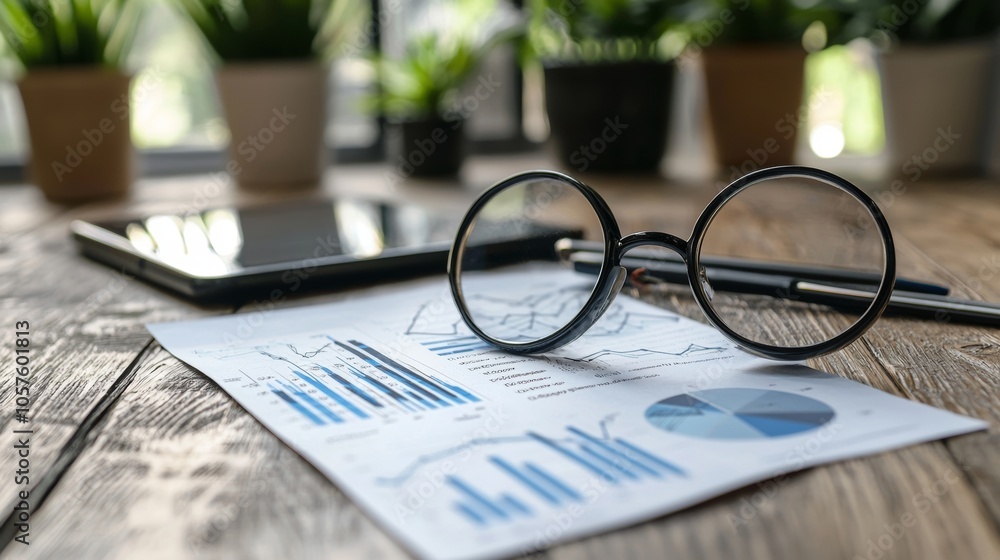 Poster eyeglasses on report with graphs and analysis