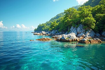Obraz premium Unspoiled Tropical Cove with Turquoise Waters and Rocky Shoreline - Ideal for Nature Lovers and Eco-Tourism Enthusiasts