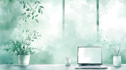 Watercolor Artistic using soft, brushy watercolor strokes, Soft Color, Single object picture - a modern home office desk with a laptop and plant