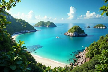Obraz premium Unspoiled Tropical Cove with Turquoise Waters and Rocky Shoreline - Ideal for Nature Lovers and Eco-Tourism Enthusiasts