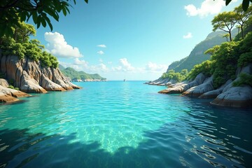 Fototapeta premium Unspoiled Tropical Cove with Turquoise Waters and Rocky Shoreline - Ideal for Nature Lovers and Eco-Tourism Enthusiasts
