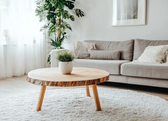 A white coffee table with a potted plant on top. The table is in a living room with a couch and a large window