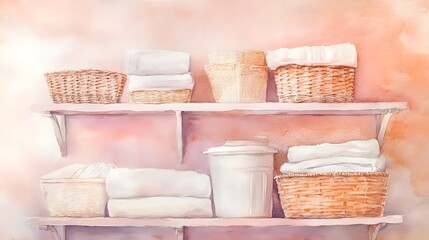 Watercolor Artistic using soft, brushy watercolor strokes, Soft Color, Single object picture - a set of laundry room storage shelves with baskets