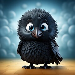 Fototapeta premium 3d illustration of black jackdaw cartoon character for children. Cute fairy print black chick print for clothes, stationery, books, goods. 3D funny bird toy.