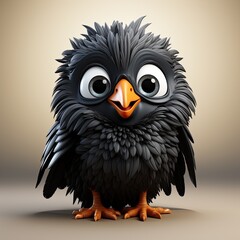 Fototapeta premium 3d illustration of black jackdaw cartoon character for children. Cute fairy print black chick print for clothes, stationery, books, goods. 3D funny bird toy.