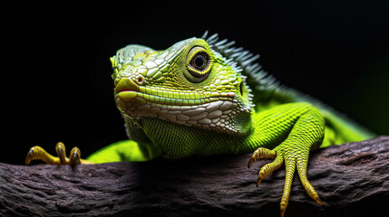 Fototapeta premium Close-up of a vibrant green iguana resting on a branch, displaying detailed scales against a dark background, highlighting its intricate reptilian features.