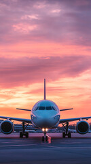 Airplane Taxiing at Sunset Near Terminal