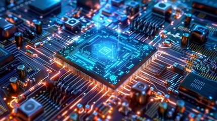 Obraz premium Complex electronic circuit board with glowing cpu processing data, showcasing futuristic technology and intricate connections in a computer system