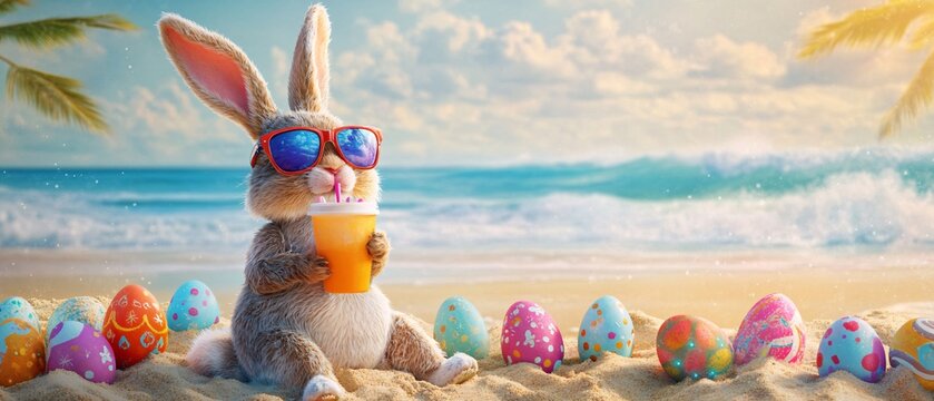 A fun beach scene featuring a bunny wearing sunglasses and enjoying a drink, surrounded by colorful Easter eggs on a sunny beach.