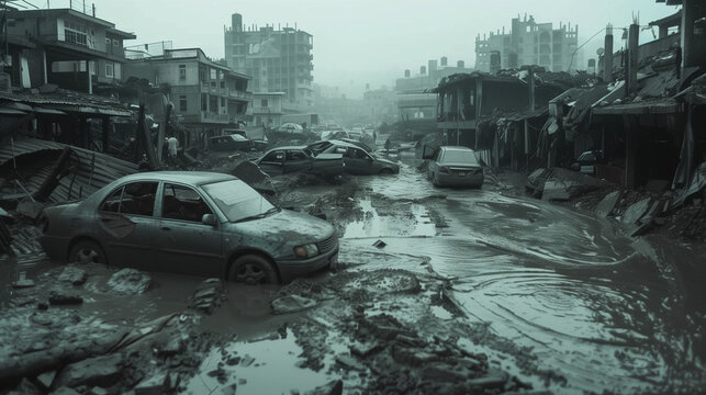 Desolate urban landscape ravaged by a severe downpour, with debris-covered streets and damaged vehicles submerged in murky floodwaters - Powered by Adobe