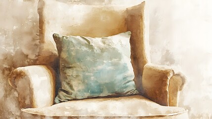 Watercolor Artistic using soft, brushy watercolor strokes, Soft Color, Single object picture - a soft throw pillow on a cushioned armchair