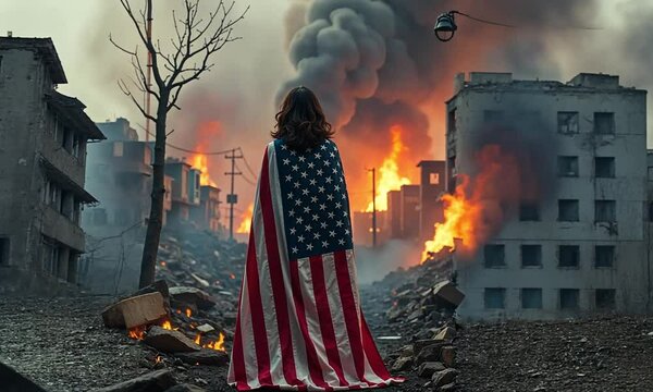 person with american flag standing on burning city