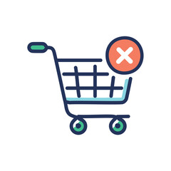 Empty shopping cart, no purchase. Rejected purchase, canceled order, shopping failure.  Illustrates a lack of sales or consumer rejection.