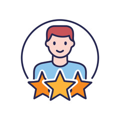 Top rated person profile. Happy customer profile with three stars; symbolizes excellent service, high ratings, and great feedback.