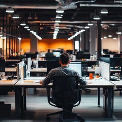 Man working at a single desk amidst a vacant office space with unused desks surrounding her