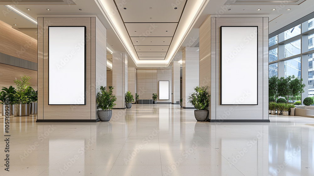 Aufkleber modern lobby with blank display cases and greenery