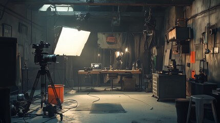 Fototapeta premium Professional film set with camera on tripod, key light, laptop on desk, ready for dramatic filming