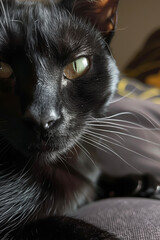 Extreme close-up portrait of a black siamese / bengal mix cat with loving eyes