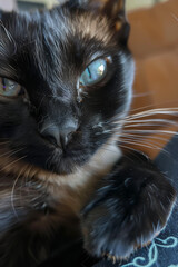 Extreme close-up portrait of a black siamese / bengal mix cat with loving eyes