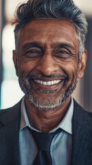 Joyful Indian businessman in suit smiling confidently.