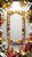 Christmas tree and gifts frame design 3D render background.
