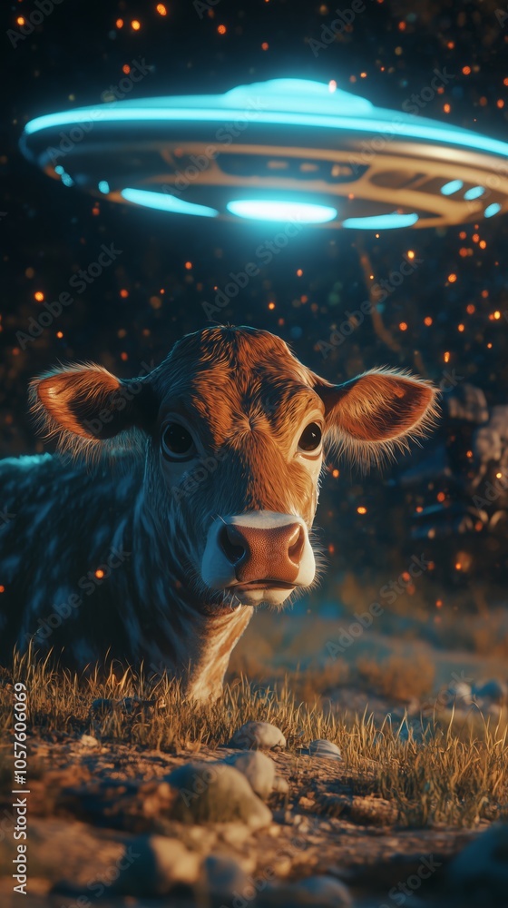 Poster curious calf lies in a field at night, illuminated by the beam of a hovering ufo, sparks gently fall