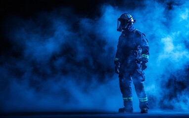 Fototapeta premium A firefighter stands confidently in a blue smoky environment, showcasing bravery and professionalism in emergency situations.