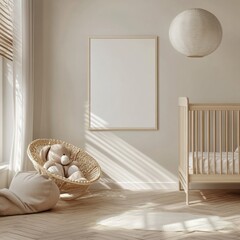 A white crib with a white frame and a white bedding. A white framed picture hangs on the wall. A white basket with stuffed animals sits on the floor