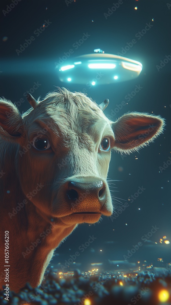 Poster curious cow gazes upwards at a glowing unidentified flying object hovering above it in a dark field 
