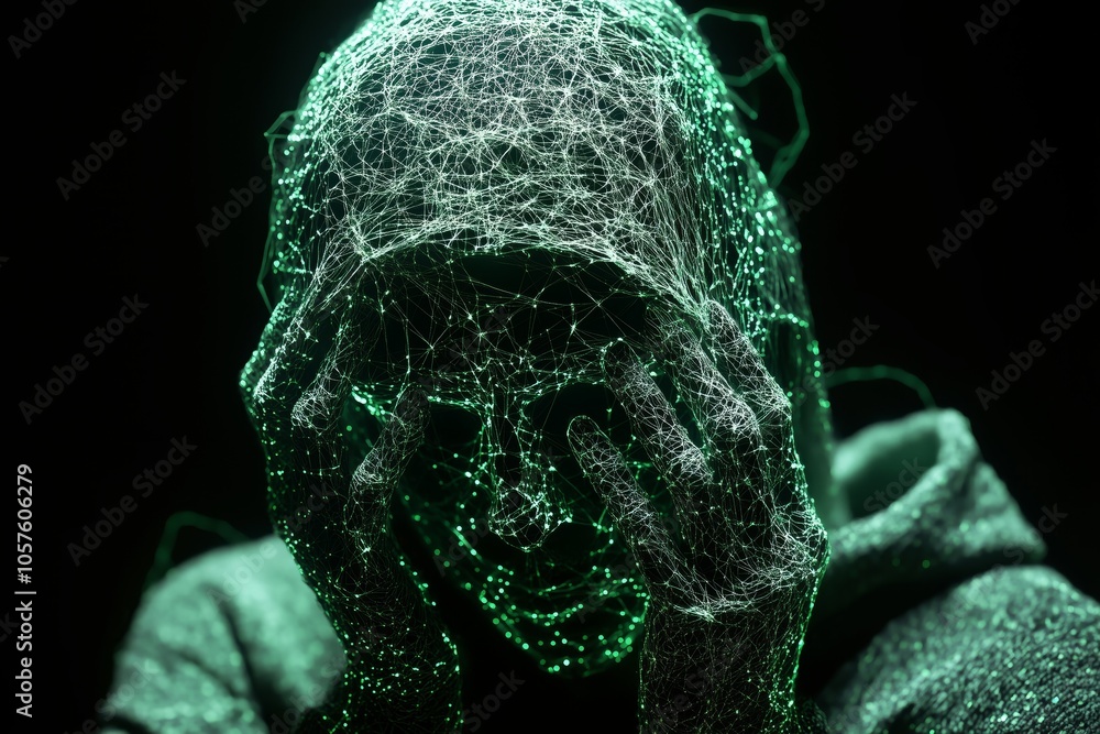 Poster plexus lines and dots are covering the face of a faceless hacker hiding and suffering in the dark, w