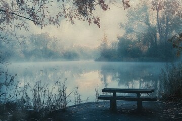 Obraz premium Foggy Lake with a Bench and Overhanging Tree Branches