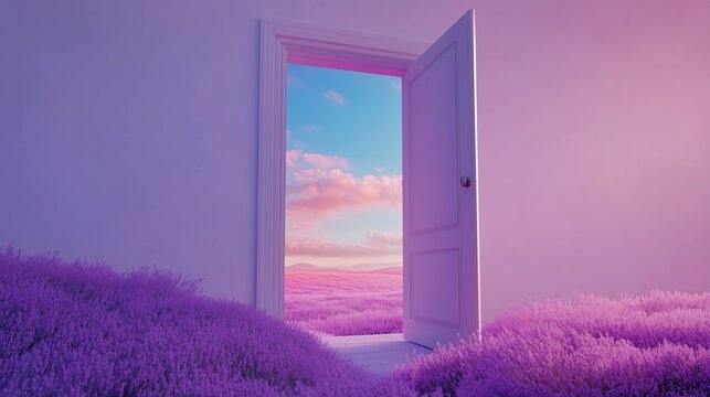 Open door reveals a vast, endless field of purple lavender flowers under a beautiful sunset sky, creating a dreamy and surreal atmosphere