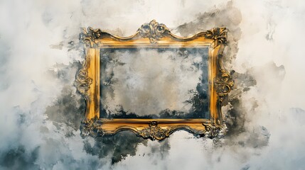 Watercolor Artistic using soft, brushy watercolor strokes, Soft Color, Single object picture - a decorative wall mirror with a golden frame