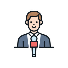 News reporter interview icon. Smiling journalist ready to broadcast.  Symbolizes communication, media, and news.