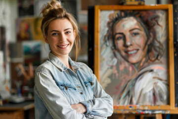 Obraz premium A joyful young artist stands confidently in her workshop studio, surrounded by a variety of portrait backgrounds, showcasing her vibrant and creative environment as she poses with a smile.