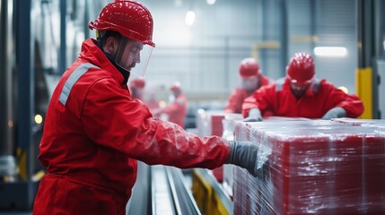 Workers in red protective gear handle goods on a conveyor belt in a factory