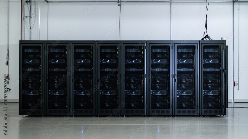 Poster multiple server cabinets are neatly arranged in a contemporary data center, highlighting the crucial