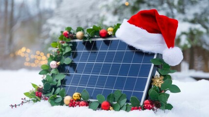 A solar panel decorated with a Santa hat and holiday ornaments, capturing the fusion of sustainability and Christmas spirit in a natural setting.Green energy, renewable energy and environment concept.