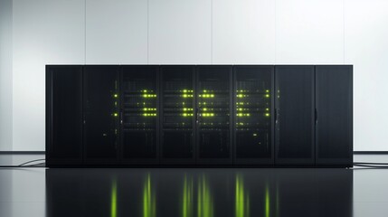 Multiple server cabinets with blinking green lights are processing and storing data in a modern data center, ensuring efficient and reliable operations
