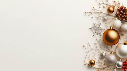 Obraz premium Elegant Christmas sale banner with gold and silver accents, featuring minimalist Christmas ornaments and delicate snowflakes