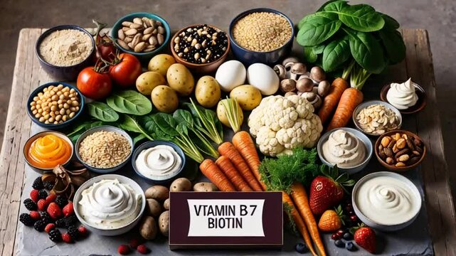Various fresh food vegetables, fruits, with the inscription vitamin B7 Biotin
