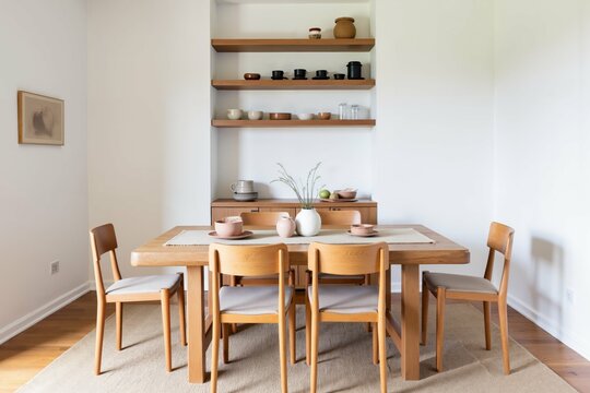 Minimalist dining room with wooden furniture and shelving featuring earthy tones and elegant table settings.