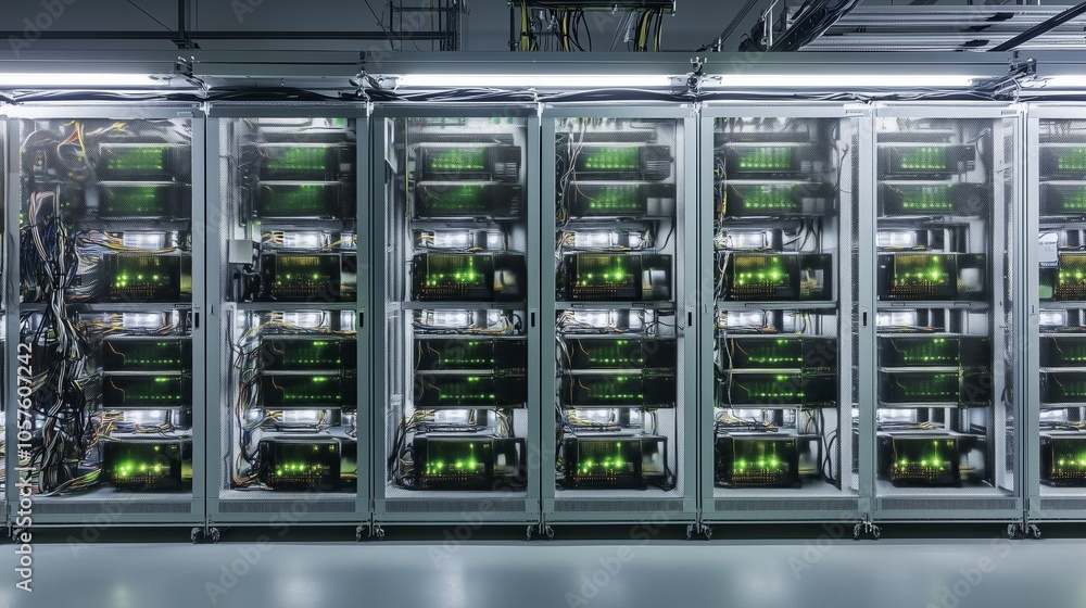 Aufkleber multiple server cabinets with flashing green lights illuminate a modern data center, showcasing the 