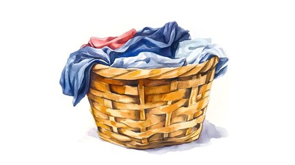 Watercolor Artistic using soft, brushy watercolor strokes, Soft Color, Single object picture - a compact laundry basket with folded clothes inside