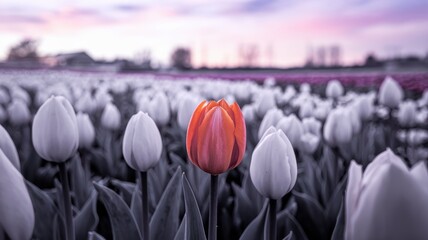 Obraz premium Field of white tulips with a single vibrant red tulip in the foreground